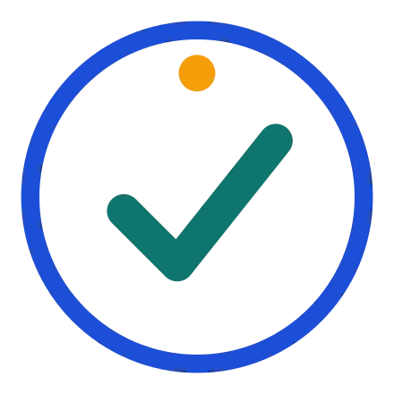 Badge artwork with a blue ring, teal tick and orange dot.