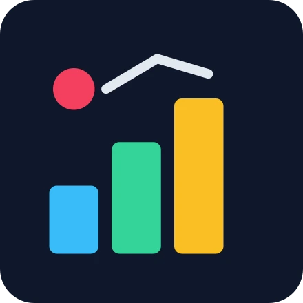 Bar chart card in its original colours: dark navy background, sky blue, green and amber bars, a pink dot and a pale line.