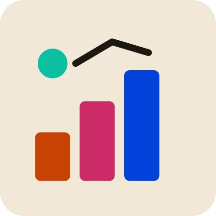 The same chart with every colour reversed: a cream background, orange, magenta and blue bars, a green dot and a dark line.