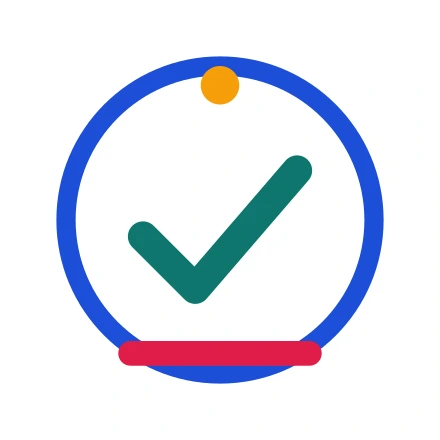 Badge artwork with a blue ring, teal tick, orange dot and red bar, drawn on a solid white square background.